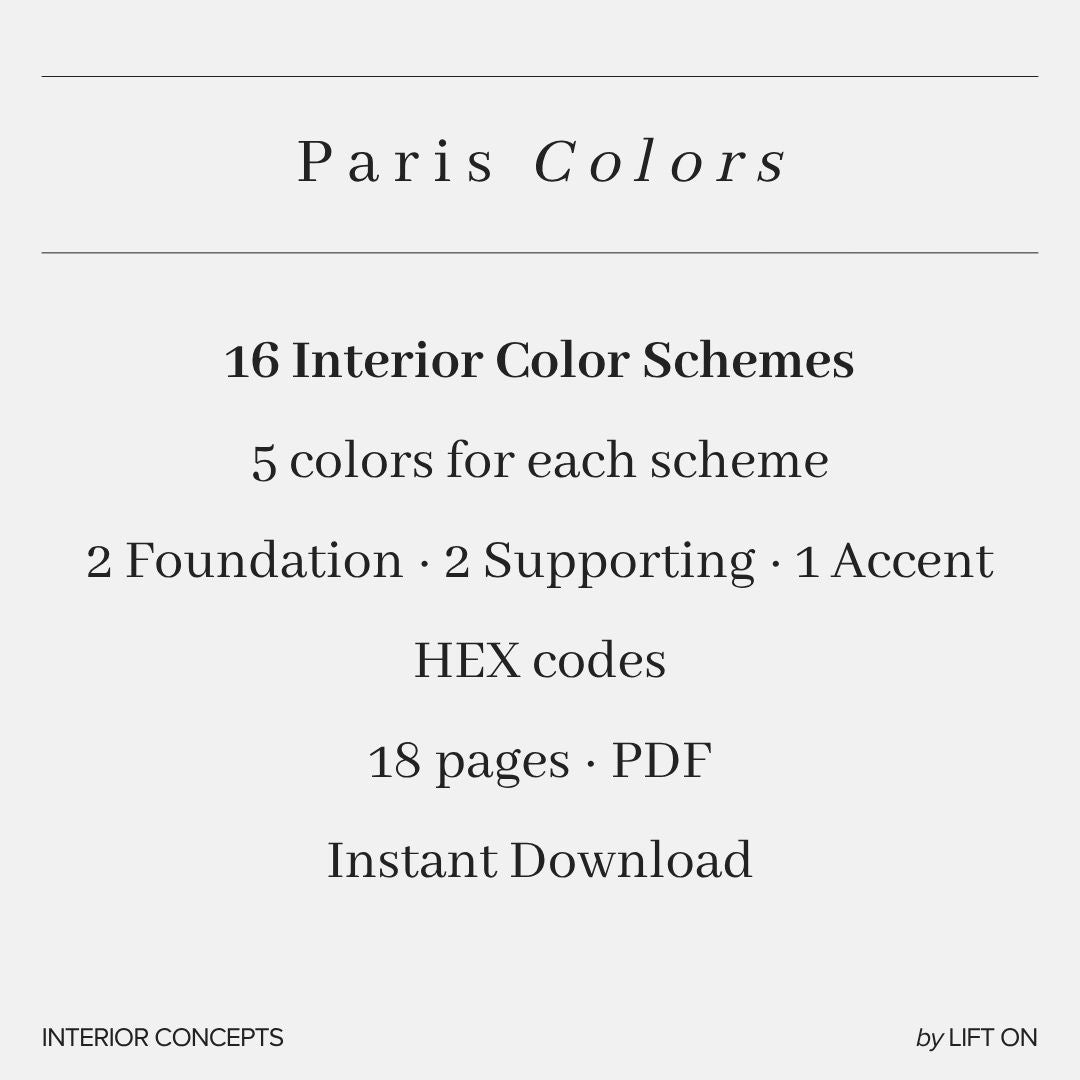Paris Interior Lookbook · 16 Color Palettes · Hex Codes · Digital PDF