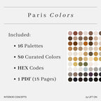Promotional graphic for a digital color palette pack titled 'Paris Colors' with text listing included contents: 16 palettes, 80 curated colors, hex codes, and 1 PDF. A grid of color circles in neutral, earthy, and dark tones appears on the right.