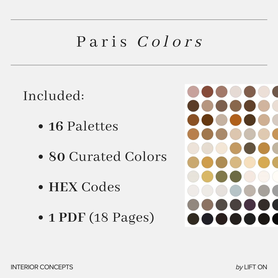 Promotional graphic for a digital color palette pack titled 'Paris Colors' with text listing included contents: 16 palettes, 80 curated colors, hex codes, and 1 PDF. A grid of color circles in neutral, earthy, and dark tones appears on the right.