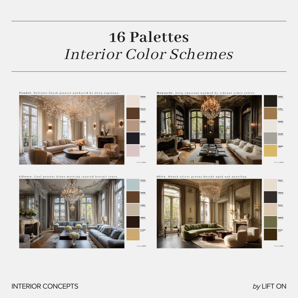 A promotional graphic for a set of 16 interior color palettes, featuring four elegant room design concept images with color swatches and text labels. The graphic is titled '16 Palettes Interior Color Schemes' and includes the brand name 'by LIFT ON' at the bottom.