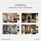 A promotional graphic for a set of 16 interior color palettes, featuring four elegant room design concept images with color swatches and text labels. The graphic is titled '16 Palettes Interior Color Schemes' and includes the brand name 'by LIFT ON' at the bottom.