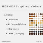 Promotional graphic for a digital color palette pack titled 'HERMES inspired Colors', listing included items: 16 palettes, 80 curated colors, HEX codes, and 1 PDF (18 pages). A grid of color circles in earthy neutrals and muted tones appears on the right.
