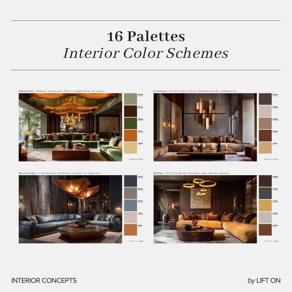A promotional graphic titled '16 Palettes Interior Color Schemes' showing four interior design concept panels with color swatches and furniture arrangements. Text at the bottom reads 'INTERIOR CONCEPTS' and 'by LIFT ON'.