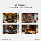 A promotional graphic titled '16 Palettes Interior Color Schemes' showing four interior design concept panels with color swatches and furniture arrangements. Text at the bottom reads 'INTERIOR CONCEPTS' and 'by LIFT ON'.