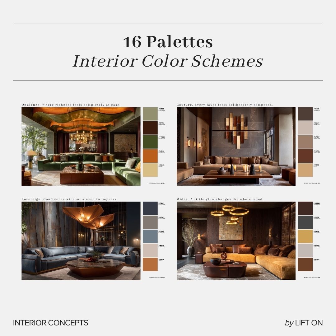 A promotional graphic titled '16 Palettes Interior Color Schemes' showing four interior design concept panels with color swatches and furniture arrangements. Text at the bottom reads 'INTERIOR CONCEPTS' and 'by LIFT ON'.