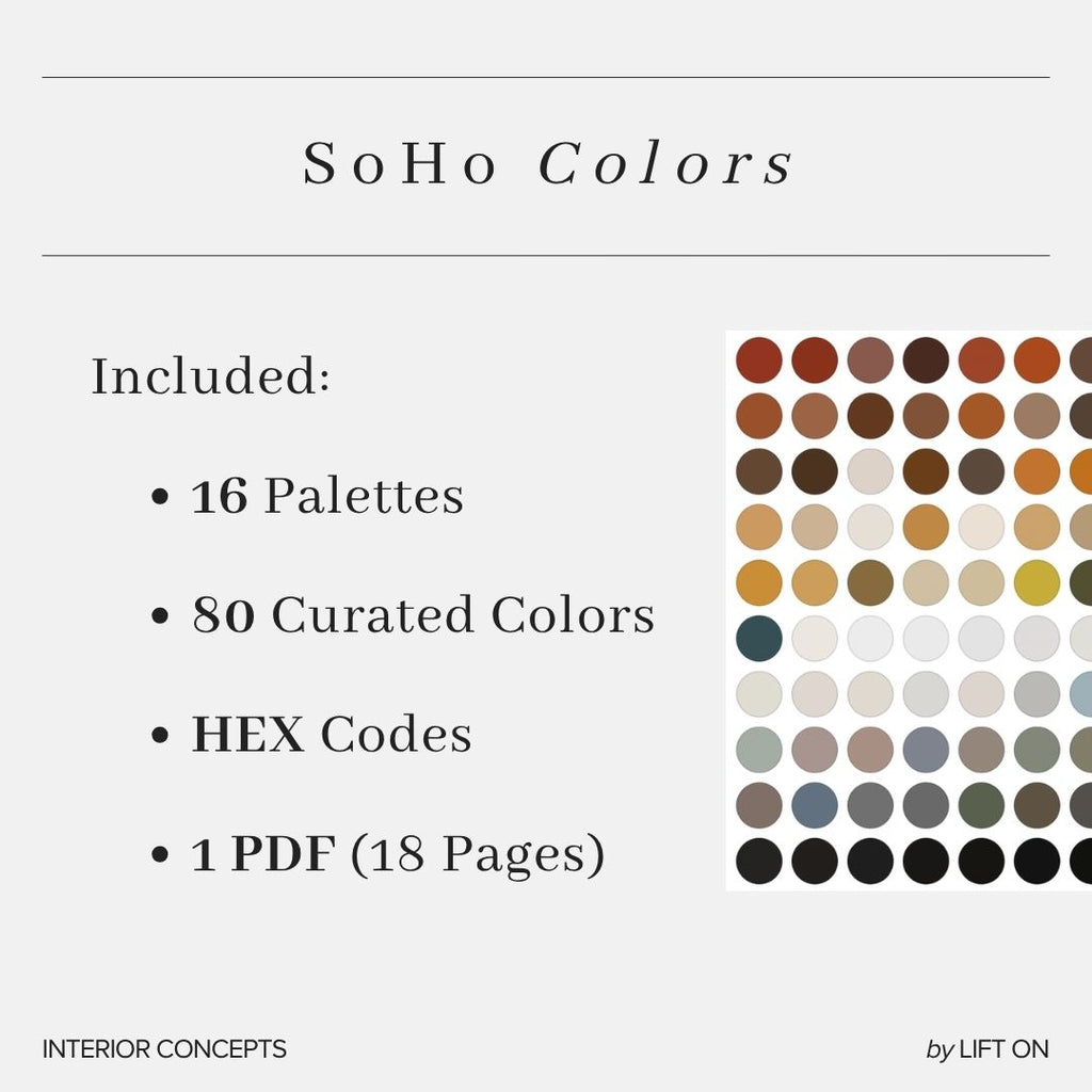 Promotional graphic for a digital color palette pack titled 'SoHo Colors' on a light gray background. Text lists included items: 16 palettes, 80 curated colors, HEX codes, and 1 PDF (18 pages).