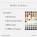 Promotional graphic for a digital color palette pack titled 'SoHo Colors' on a light gray background. Text lists included items: 16 palettes, 80 curated colors, HEX codes, and 1 PDF (18 pages).
