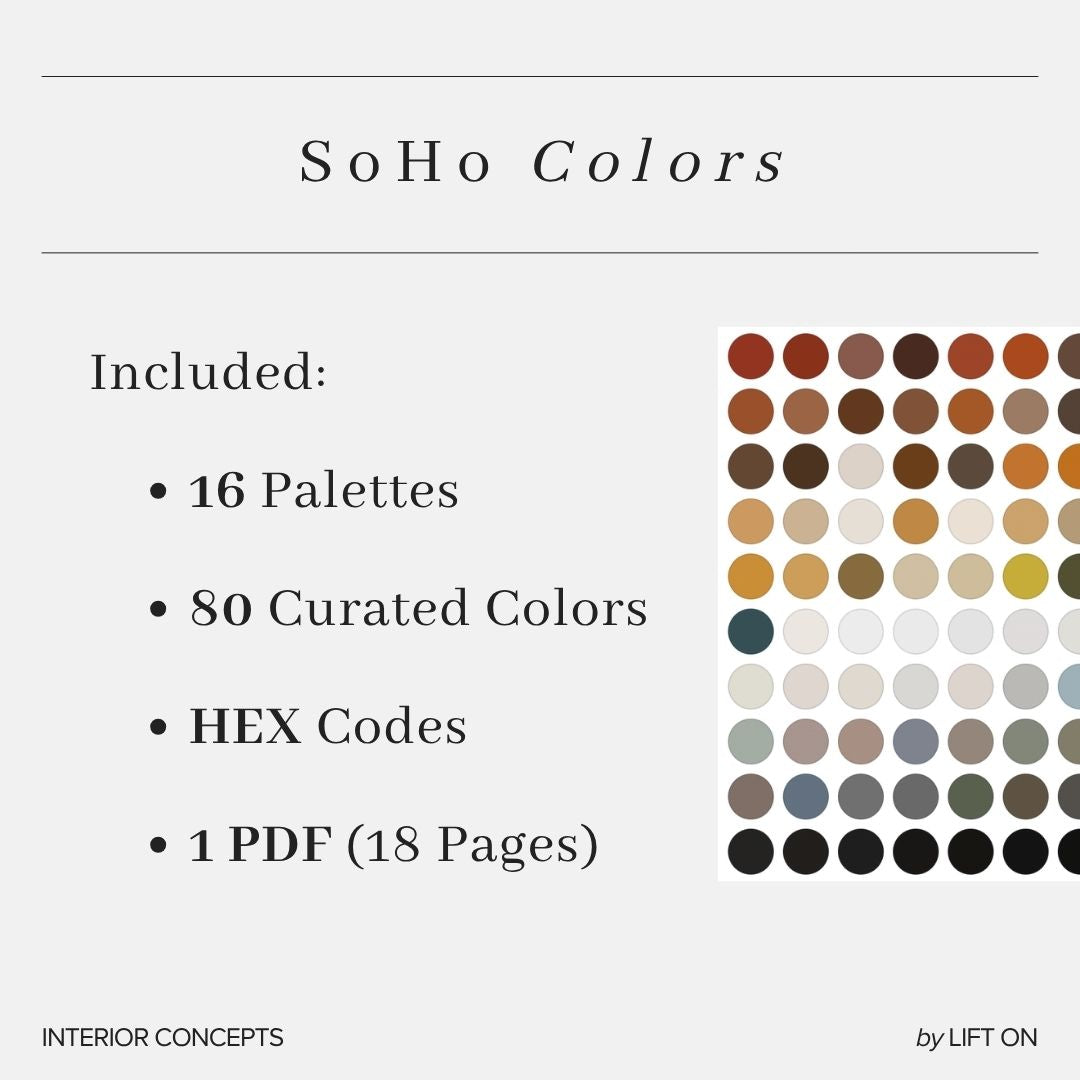 Promotional graphic for a digital color palette pack titled 'SoHo Colors' on a light gray background. Text lists included items: 16 palettes, 80 curated colors, HEX codes, and 1 PDF (18 pages).