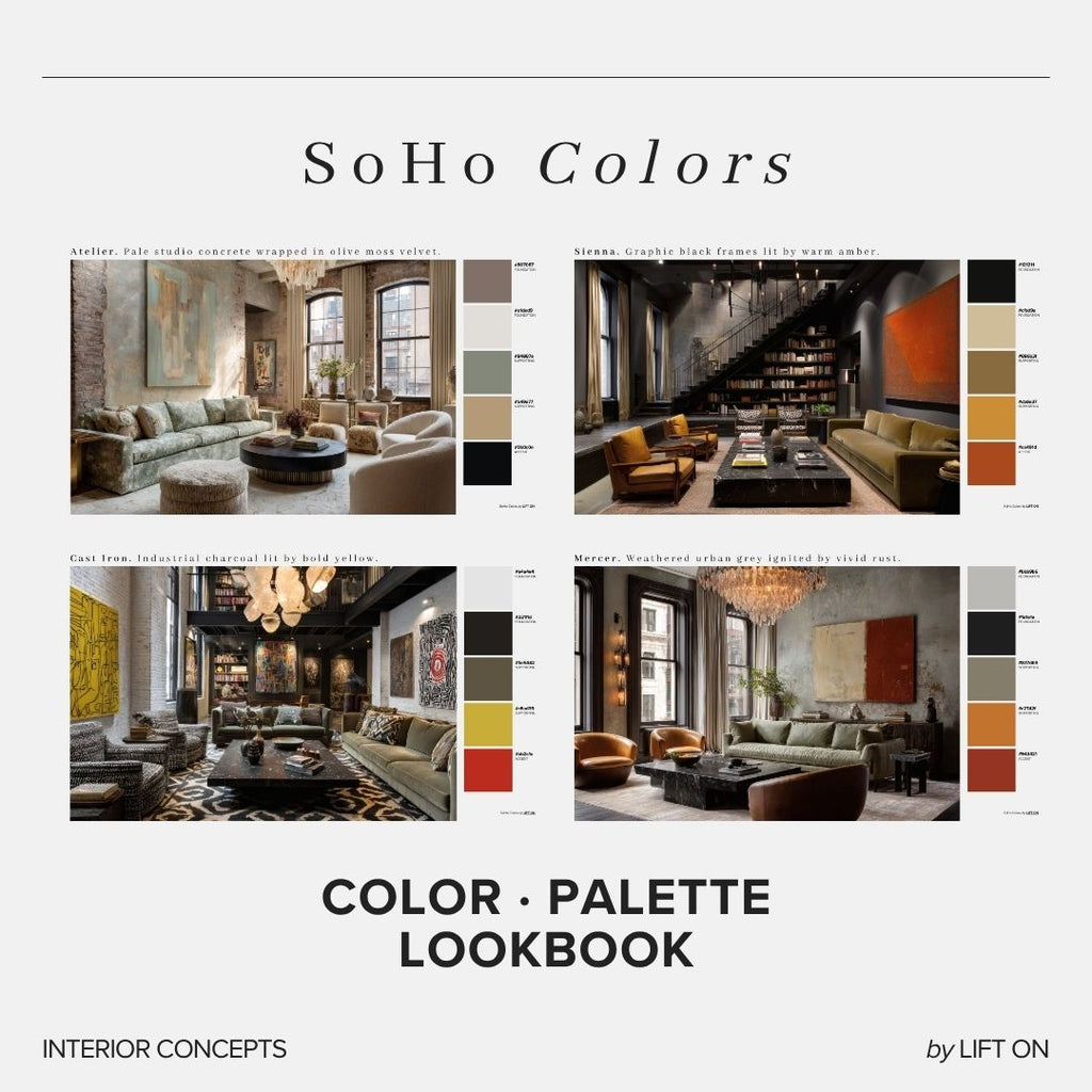 SoHo Interior Lookbook · 16 Color Palettes · Hex Codes · Digital PDF