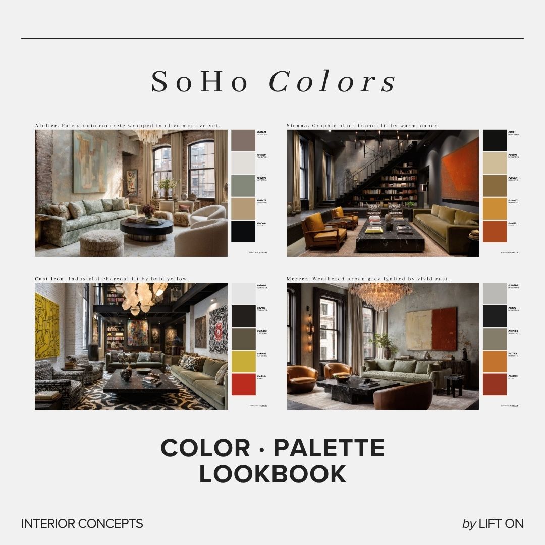 SoHo Interior Lookbook · 16 Color Palettes · Hex Codes · Digital PDF