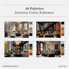 A digital graphic displaying '16 Palettes Interior Color Schemes' with four interior design concept images and color swatches. The designs feature modern living rooms, elegant staircases, and stylish interiors in neutral, earthy, and warm tones.