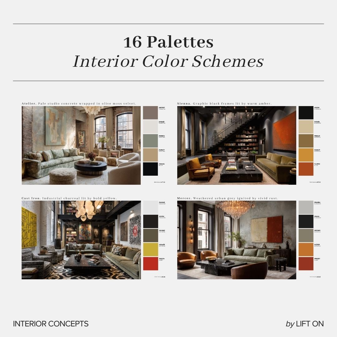A digital graphic displaying '16 Palettes Interior Color Schemes' with four interior design concept images and color swatches. The designs feature modern living rooms, elegant staircases, and stylish interiors in neutral, earthy, and warm tones.