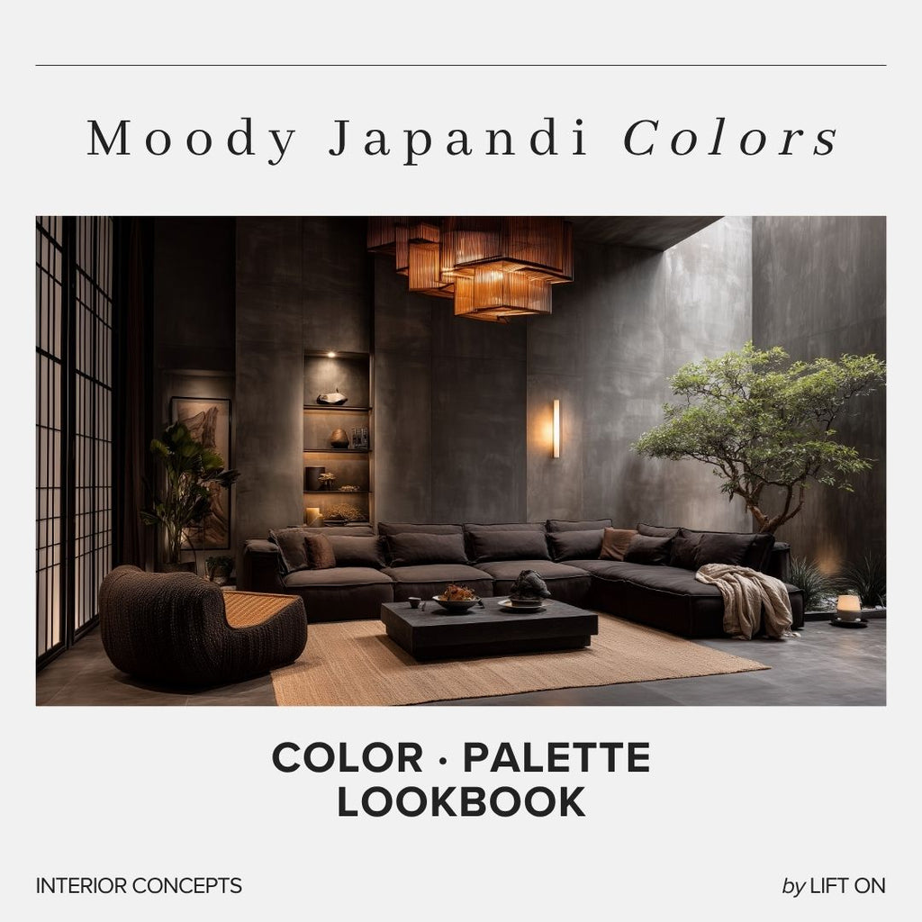 Moody Japandi Interior Lookbook · 16 Color Palettes · Hex Codes · Digital PDF