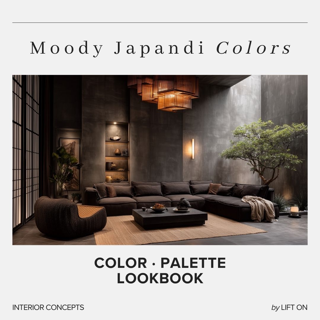Moody Japandi Interior Lookbook · 16 Color Palettes · Hex Codes · Digital PDF