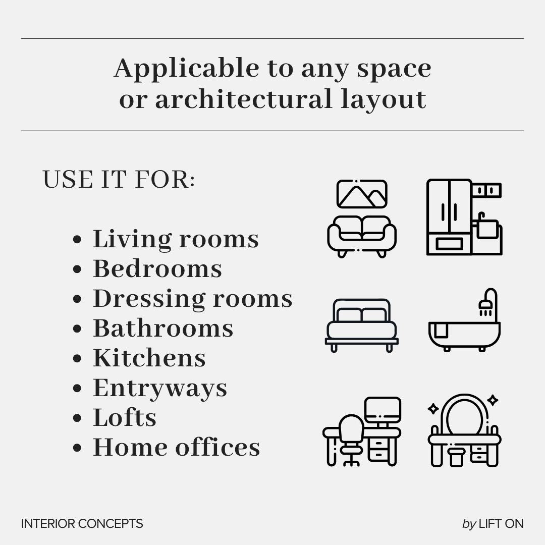 A digital graphic explaining the use of an interior design icon set, titled 'Applicable to any space or architectural layout'. It lists 'Living rooms', 'Bedrooms', 'Dressing rooms', 'Bathrooms', 'Kitchens', 'Entryways', 'Lofts', and 'Home offices' under 'USE IT FOR:' and shows corresponding minimalist black line icons on a light gray background.