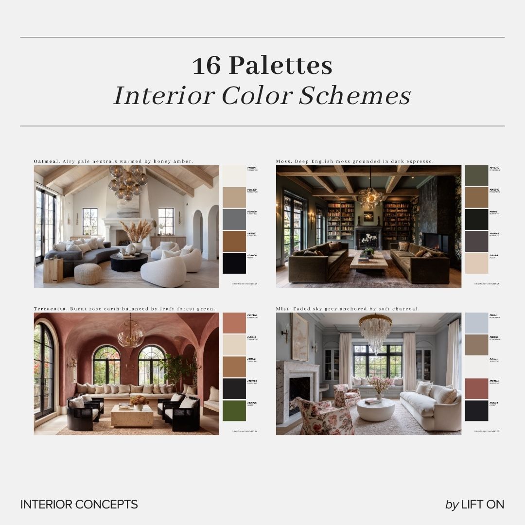A promotional graphic for a set of 16 interior color palettes, featuring four lifestyle room photos with matching color swatches and text labels. The top reads '16 Palettes Interior Color Schemes' and the bottom left says 'INTERIOR CONCEPTS' while the bottom right says 'by LIFT ON'.