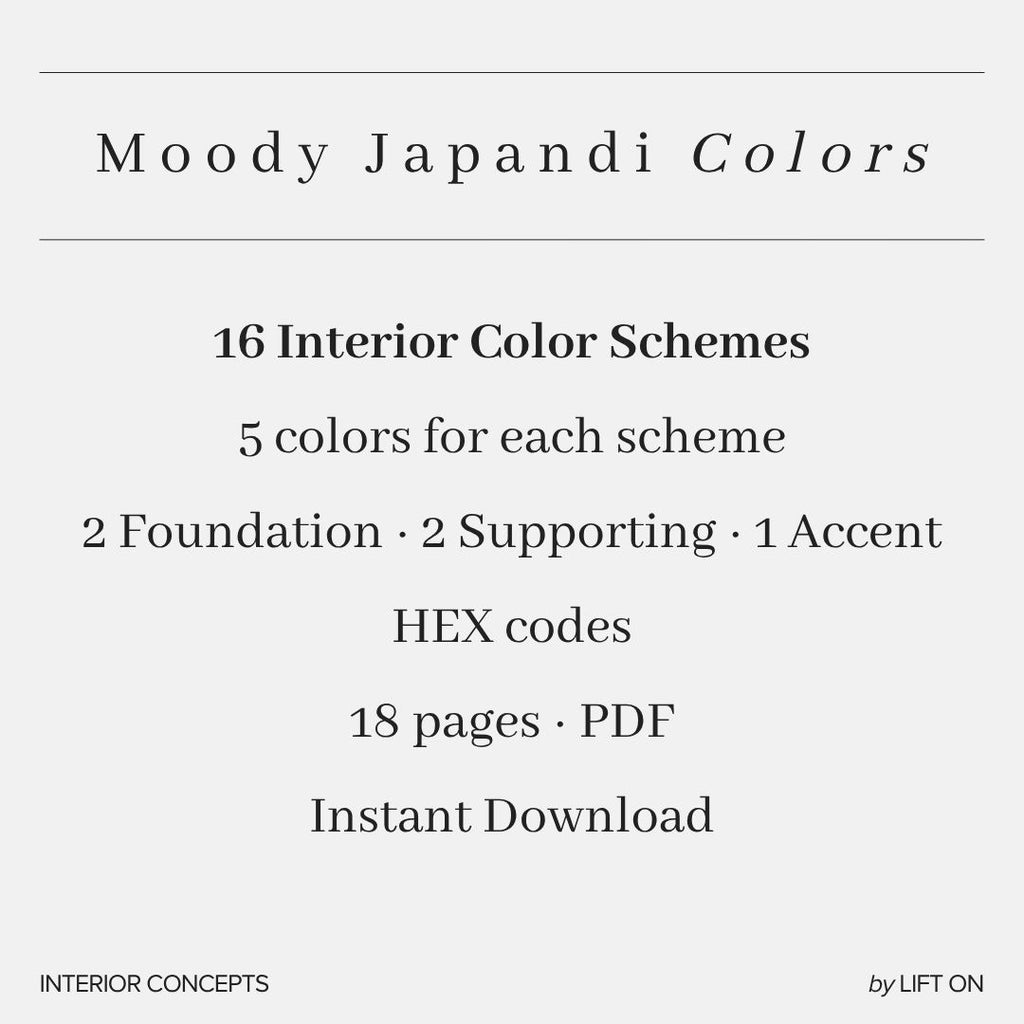 Moody Japandi Interior Lookbook · 16 Color Palettes · Hex Codes · Digital PDF