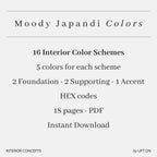 Moody Japandi Interior Lookbook · 16 Color Palettes · Hex Codes · Digital PDF