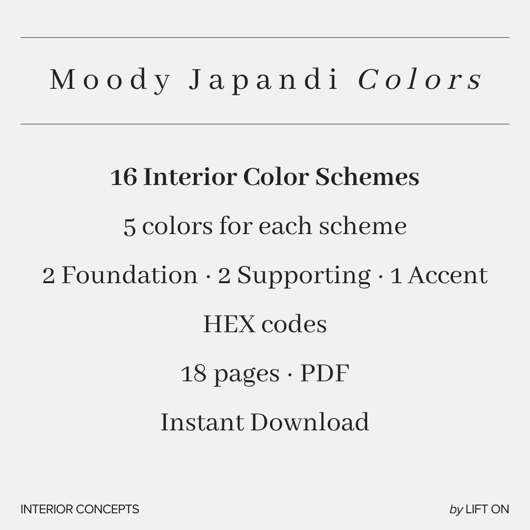 Moody Japandi Interior Lookbook · 16 Color Palettes · Hex Codes · Digital PDF