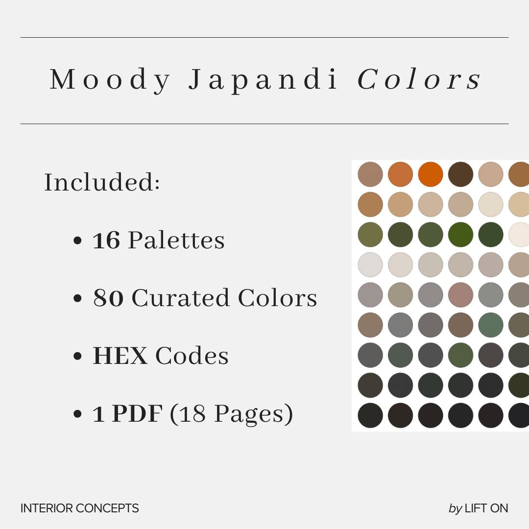 Promotional graphic for a digital color palette pack titled 'Moody Japandi Colors' on a light gray background. Text lists included contents: 16 palettes, 80 curated colors, HEX codes, and 1 PDF (18 pages).