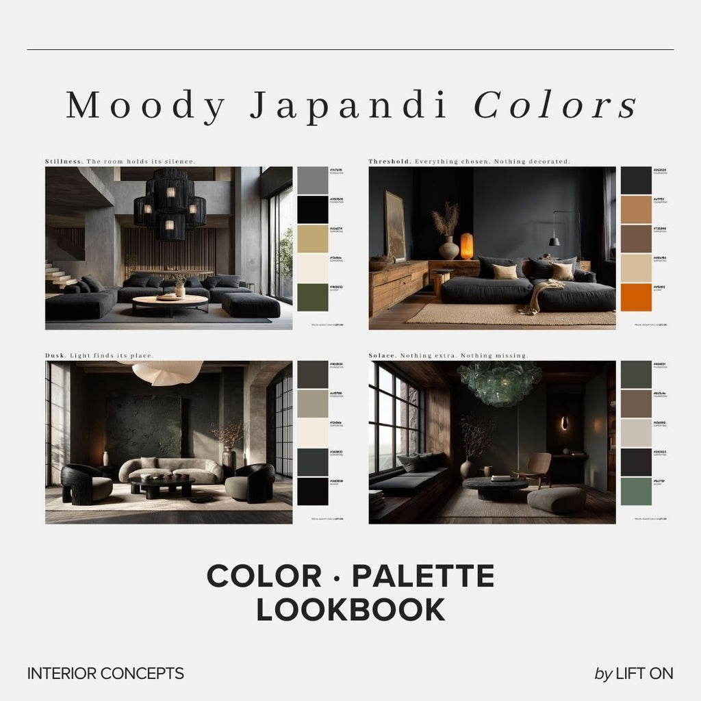 Moody Japandi Interior Lookbook · 16 Color Palettes · Hex Codes · Digital PDF