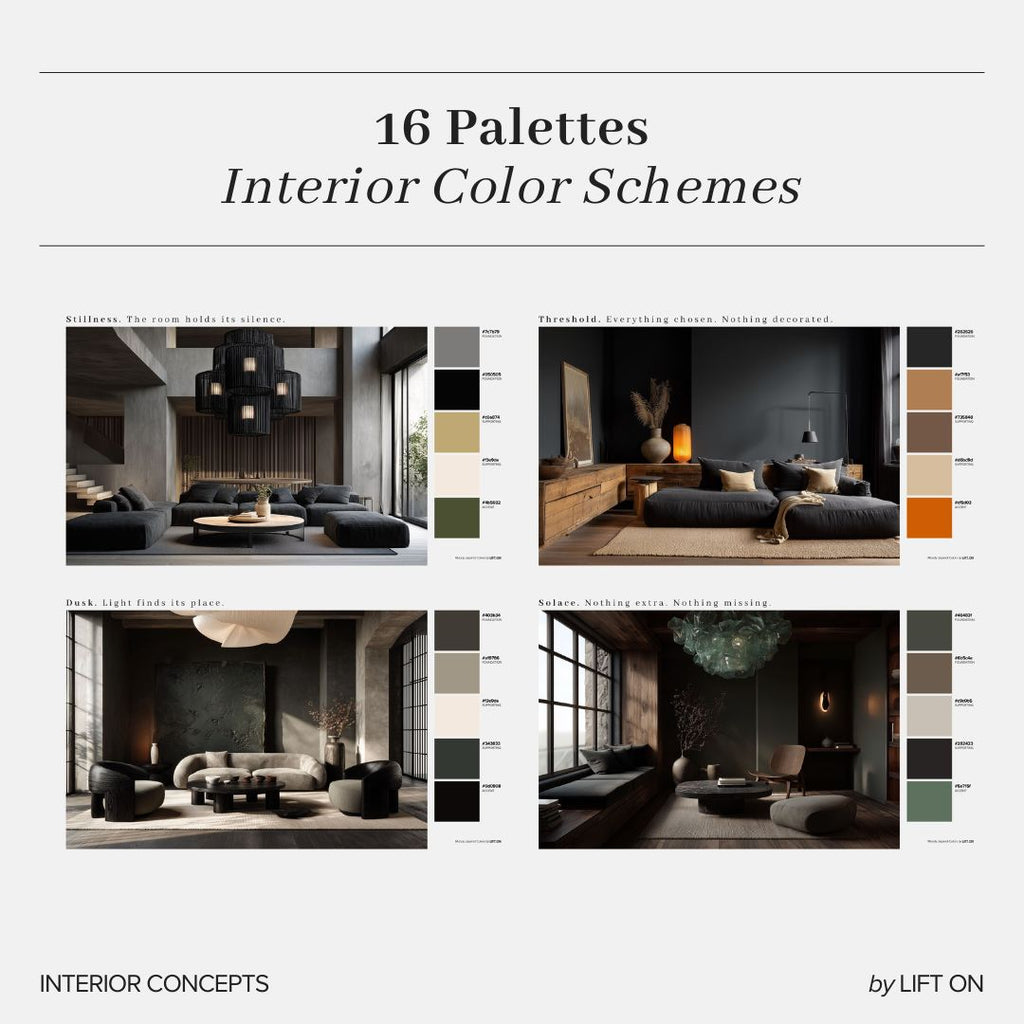 A promotional graphic for a set of 16 interior color palettes, featuring four modern living room design concepts with corresponding color swatches on a light gray background.