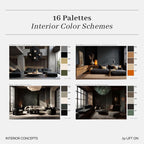 A promotional graphic for a set of 16 interior color palettes, featuring four modern living room design concepts with corresponding color swatches on a light gray background.