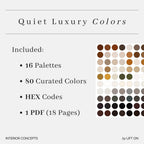 A digital listing graphic for a 'Quiet Luxury Colors' interior design palette pack. The graphic features a clean white background with black text detailing the contents: '16 Palettes', '80 Curated Colors', 'HEX Codes', and '1 PDF (18 Pages)'.