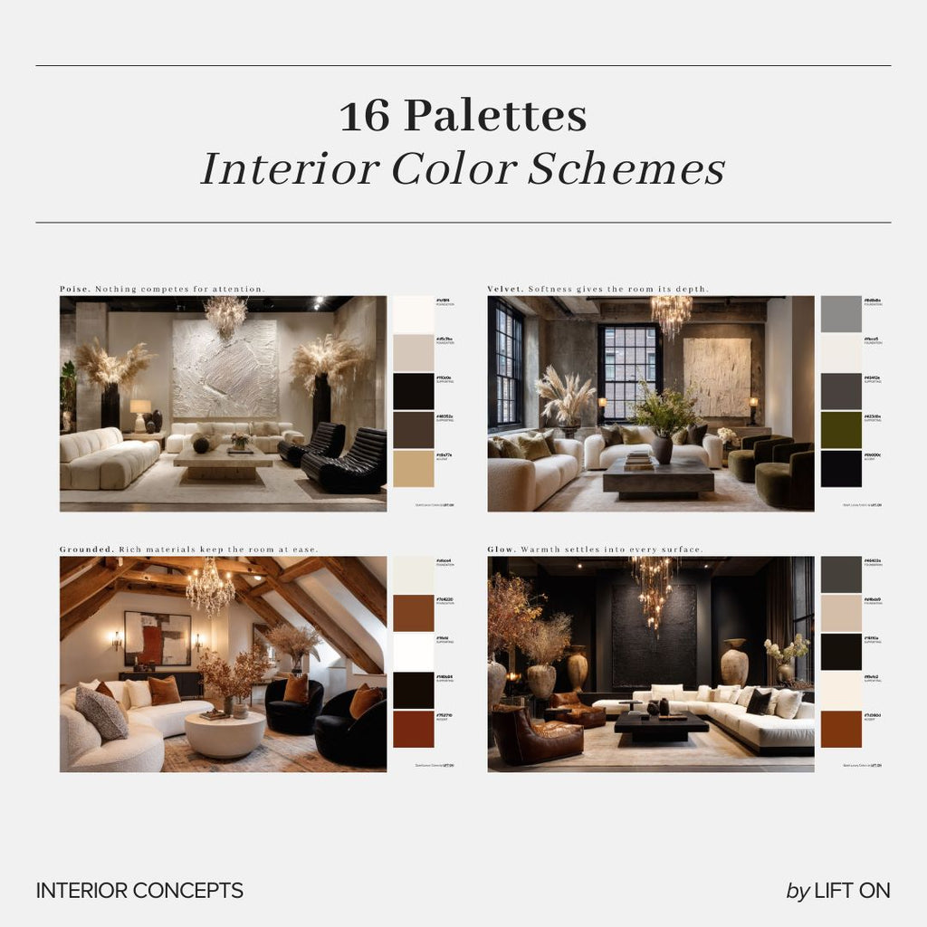 A promotional graphic titled '16 Palettes Interior Color Schemes' showing four interior room concept images arranged in a grid, each paired with a vertical color palette strip. The designs feature neutral and warm tones including beige, brown, black, white, and muted green.