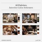 A promotional graphic titled '16 Palettes Interior Color Schemes' showing four interior room concept images arranged in a grid, each paired with a vertical color palette strip. The designs feature neutral and warm tones including beige, brown, black, white, and muted green.
