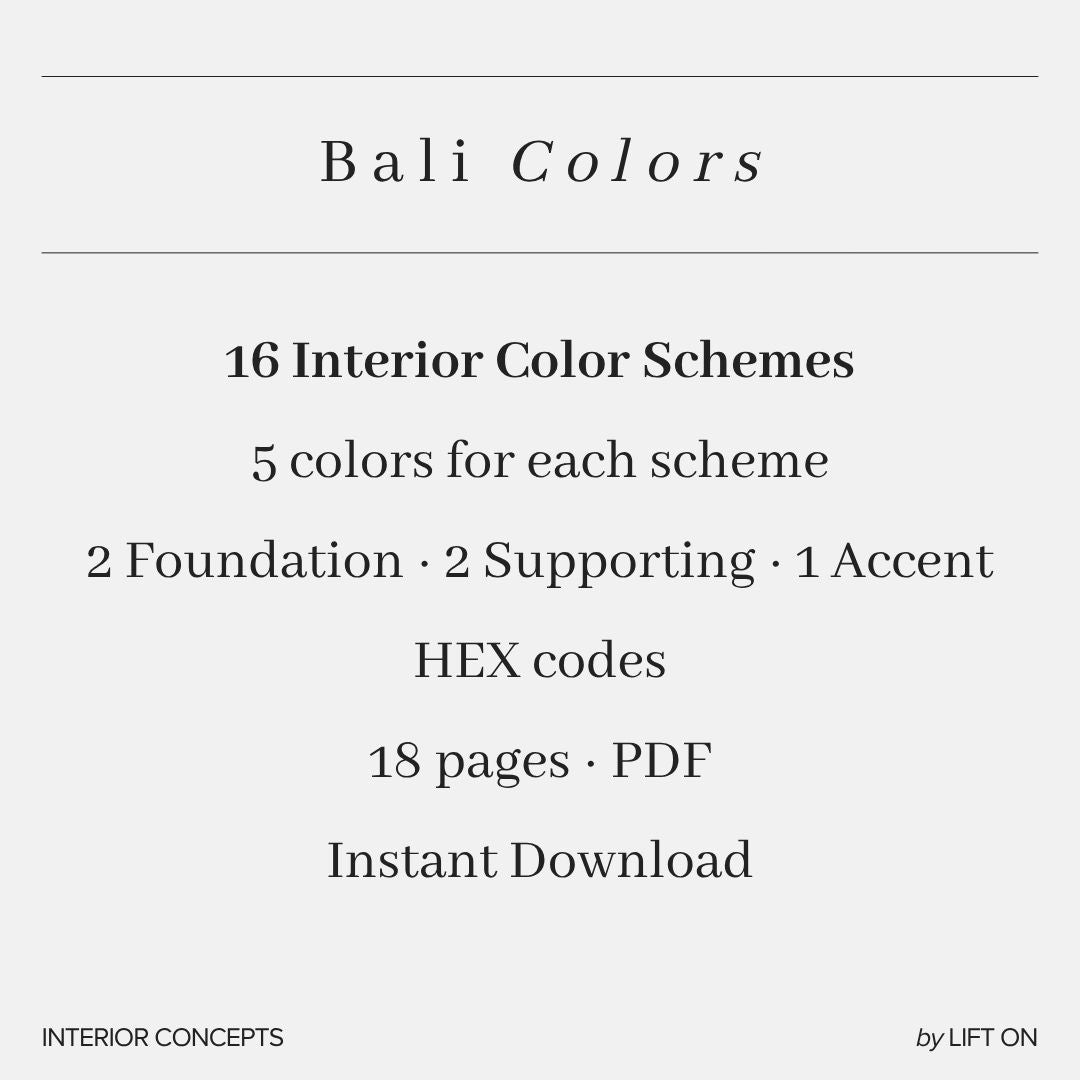 Bali Interior Lookbook · 16 Color Palettes · Hex Codes · Digital PDF