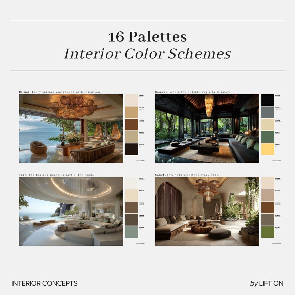 A promotional graphic titled '16 Palettes Interior Color Schemes' showing four interior design concept images arranged in a grid, each paired with a vertical color palette swatch. The designs feature neutral, earthy, and green color schemes.