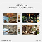 A promotional graphic titled '16 Palettes Interior Color Schemes' showing four interior design concept images arranged in a grid, each paired with a vertical color palette swatch. The designs feature neutral, earthy, and green color schemes.