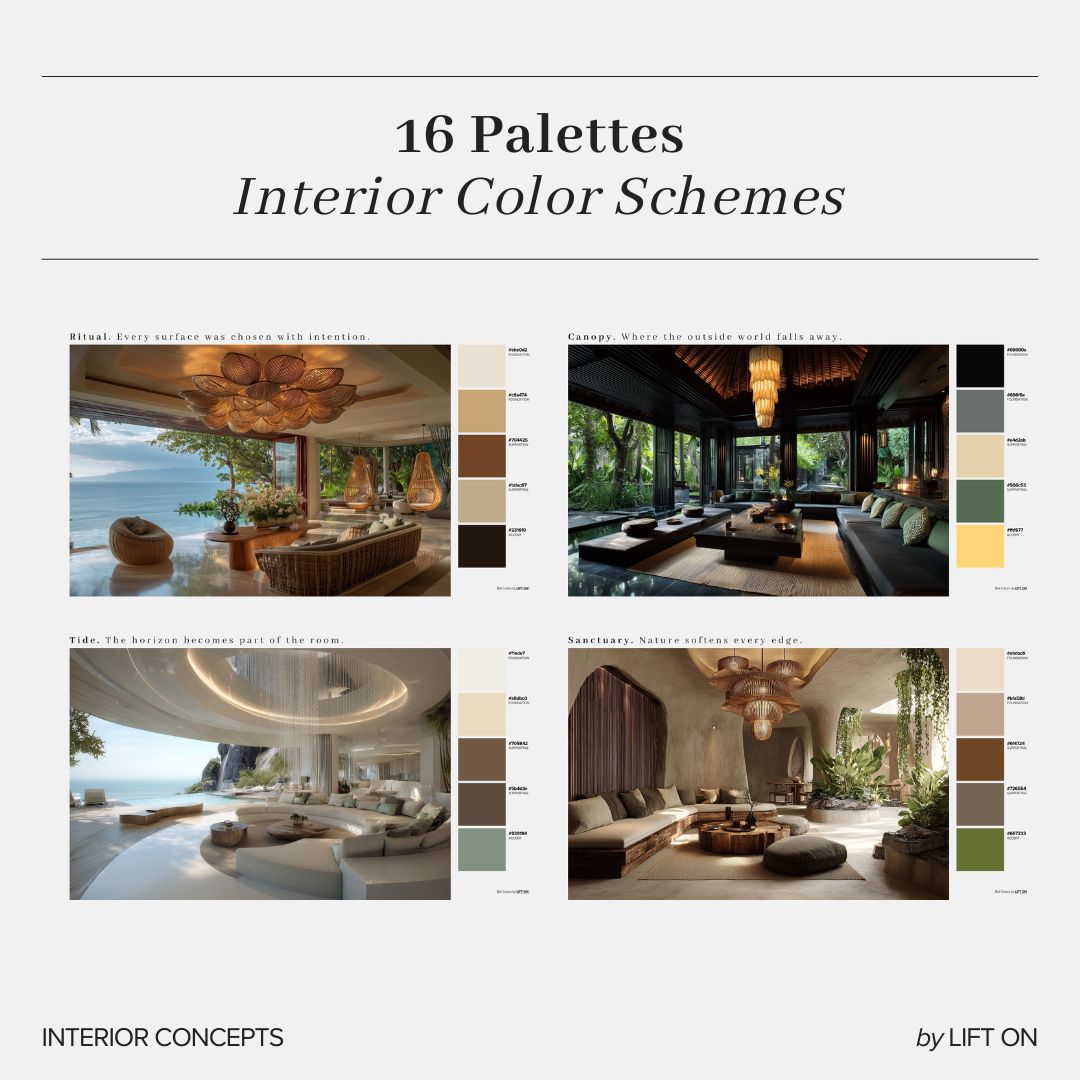 A promotional graphic titled '16 Palettes Interior Color Schemes' showing four interior design concept images arranged in a grid, each paired with a vertical color palette swatch. The designs feature neutral, earthy, and green color schemes.