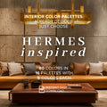 Promotional graphic for an interior color palette set, featuring a styled living room scene with a tan leather sofa, brown coffee table, textured wall, and large overlaid text reading 'HERMES inspired' and 'INTERIOR COLOR PALETTES ALREADY DECIDED JUST CHOOSE.'.