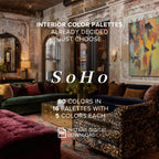 Promotional graphic for an interior color palette set, featuring a styled living room with green velvet sofas, a leopard-print armchair, and rustic brick walls. Large text reads 'INTERIOR COLOR PALETTES ALREADY DECIDED JUST CHOOSE SoHo' and '80 COLORS IN 16 PALETTES WITH 5 COLORS EACH', with a PDF download badge at the bottom.