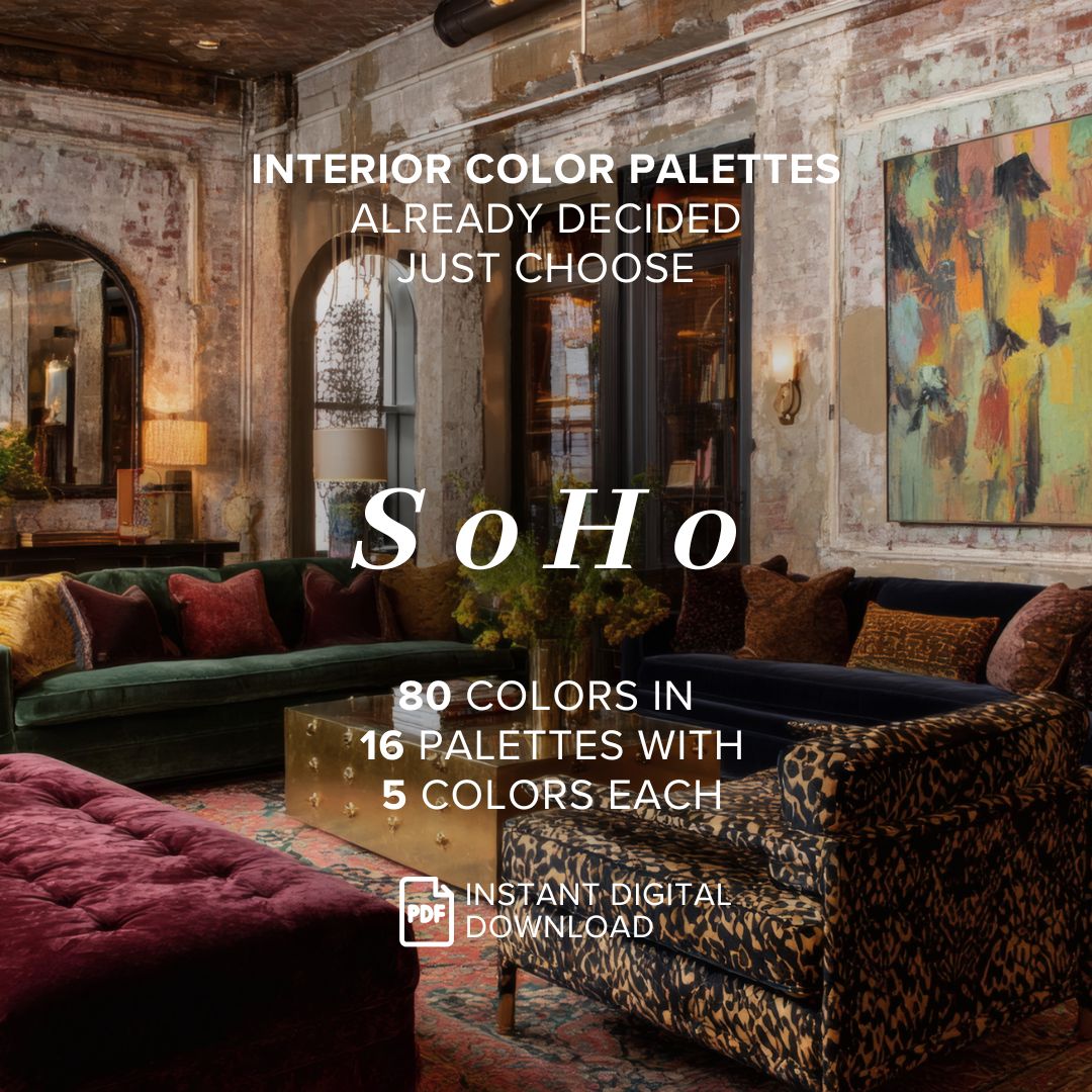 Promotional graphic for an interior color palette set, featuring a styled living room with green velvet sofas, a leopard-print armchair, and rustic brick walls. Large text reads 'INTERIOR COLOR PALETTES ALREADY DECIDED JUST CHOOSE SoHo' and '80 COLORS IN 16 PALETTES WITH 5 COLORS EACH', with a PDF download badge at the bottom.