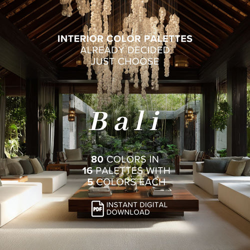 Bali Interior Color Palette Lookbook, a digital guide to Bali-inspired interior color schemes. Cover text: “Interior color palettes. Already decided. Just choose. Bali. 80 colors in 16 palettes with 5 colors each. Instant digital download.” A tropical living room features cream sofas, dark wood beams and a shell chandelier.