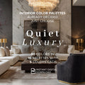 Promotional graphic for an interior color palette download, showing a luxury modern living room with white marble walls, cream sofas, a dark wood coffee table, and a dark gray accent chair. Large text reads 'INTERIOR COLOR PALETTES ALREADY DECIDED JUST CHOOSE Quiet Luxury' and '80 COLORS IN 16 PALETTES WITH 5 COLORS EACH', with 'INSTANT DIGITAL DOWNLOAD' and a PDF icon at the bottom.