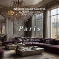Promotional graphic for a digital interior color palette set titled 'Paris', showing an ornate Parisian-style living room with mauve-purple sofas, a crystal chandelier, and neutral walls. Text overlays state 'INTERIOR COLOR PALETTES ALREADY DECIDED JUST CHOOSE', 'Paris', '80 COLORS IN 16 PALETTES WITH 5 COLORS EACH', and 'INSTANT DIGITAL DOWNLOAD PDF'.