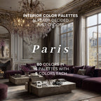Promotional graphic for a digital interior color palette set titled 'Paris', showing an ornate Parisian-style living room with mauve-purple sofas, a crystal chandelier, and neutral walls. Text overlays state 'INTERIOR COLOR PALETTES ALREADY DECIDED JUST CHOOSE', 'Paris', '80 COLORS IN 16 PALETTES WITH 5 COLORS EACH', and 'INSTANT DIGITAL DOWNLOAD PDF'.