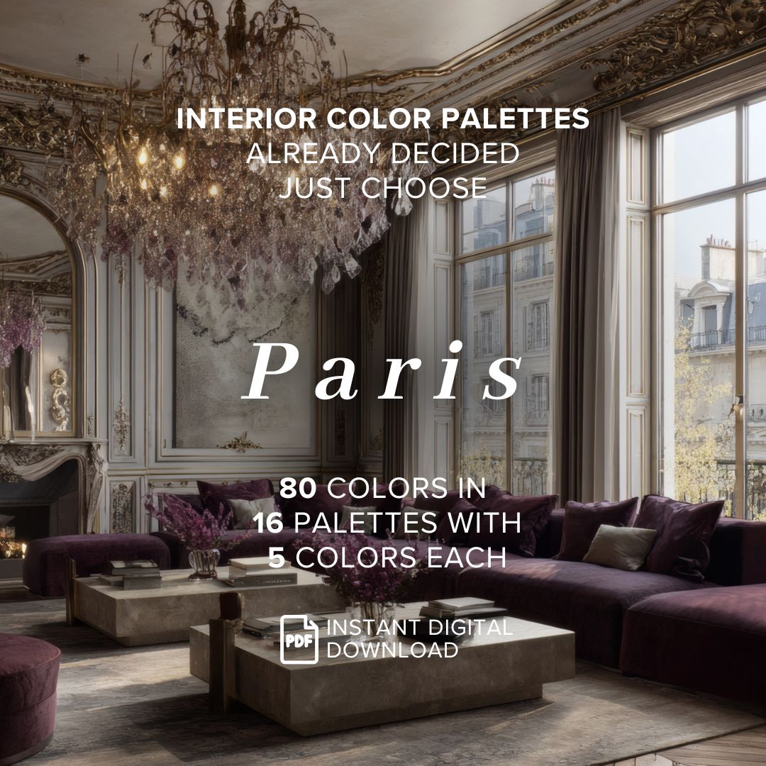 Promotional graphic for a digital interior color palette set titled 'Paris', showing an ornate Parisian-style living room with mauve-purple sofas, a crystal chandelier, and neutral walls. Text overlays state 'INTERIOR COLOR PALETTES ALREADY DECIDED JUST CHOOSE', 'Paris', '80 COLORS IN 16 PALETTES WITH 5 COLORS EACH', and 'INSTANT DIGITAL DOWNLOAD PDF'.