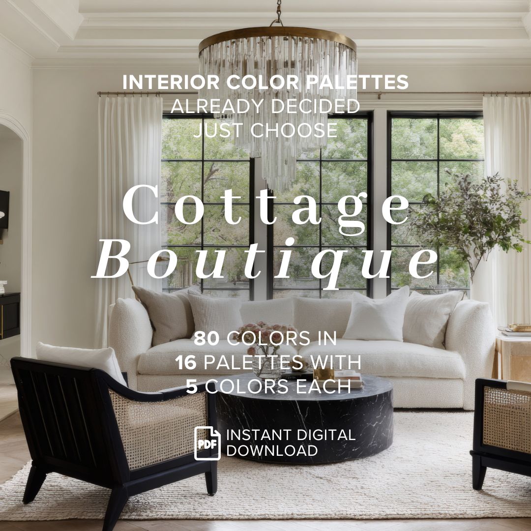 Promotional graphic for a digital interior color palette set titled 'Cottage Boutique', showing a styled living room with a cream sofa, black armchairs, white rug, and large windows. Text overlays advertise 80 colors in 16 palettes for a PDF instant digital download.