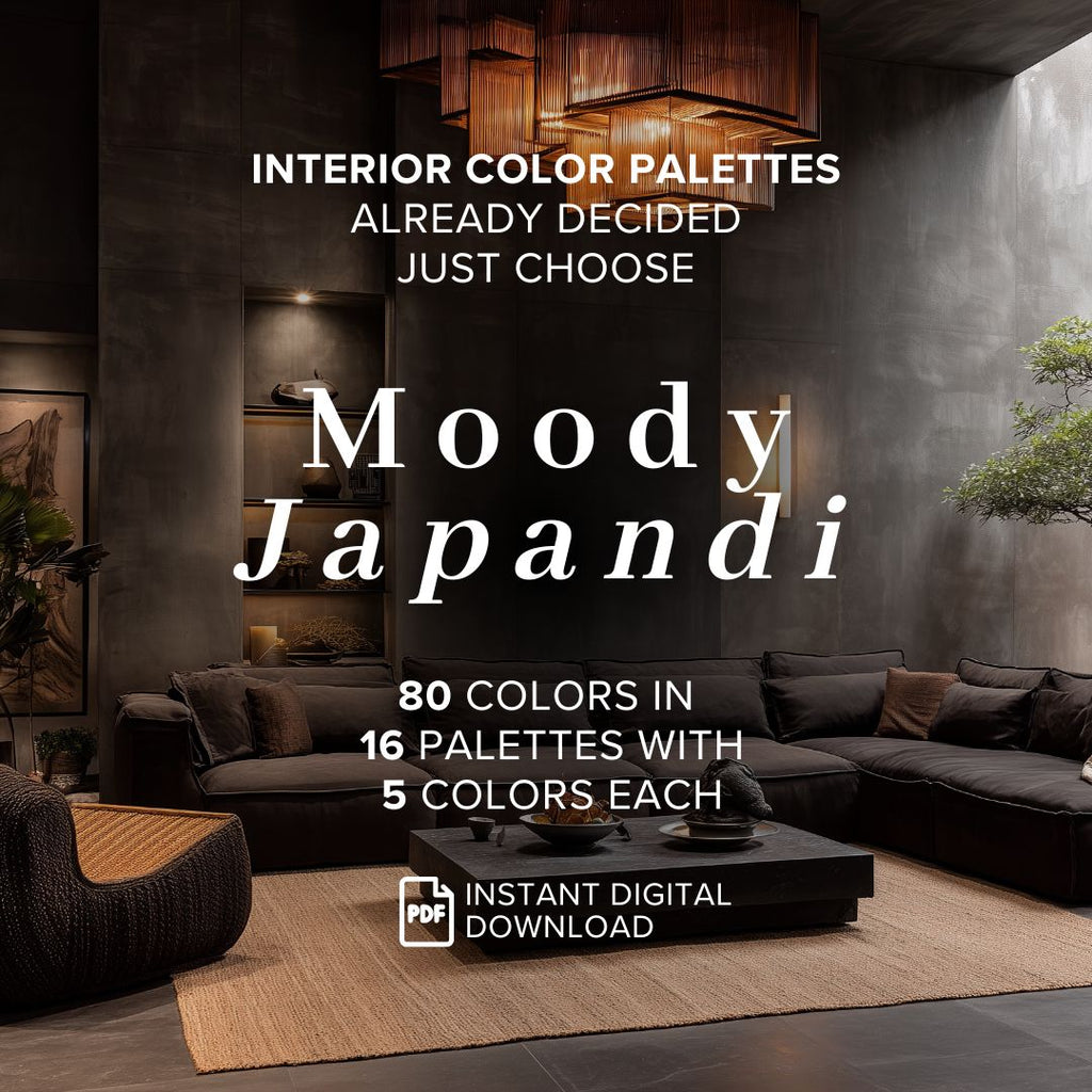 Promotional graphic for a digital interior color palette set titled 'Moody Japandi'. The image shows a modern living room mockup with dark gray sofas, a black coffee table, and a beige rug, with text overlays explaining that it contains 80 colors in 16 palettes with 5 colors each, available as an instant digital download.