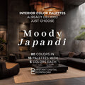 Promotional graphic for a digital interior color palette set titled 'Moody Japandi'. The image shows a modern living room mockup with dark gray sofas, a black coffee table, and a beige rug, with text overlays explaining that it contains 80 colors in 16 palettes with 5 colors each, available as an instant digital download.