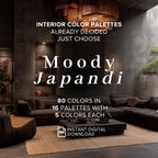 Promotional graphic for a digital interior color palette set titled 'Moody Japandi'. The image shows a modern living room mockup with dark gray sofas, a black coffee table, and a beige rug, with text overlays explaining that it contains 80 colors in 16 palettes with 5 colors each, available as an instant digital download.