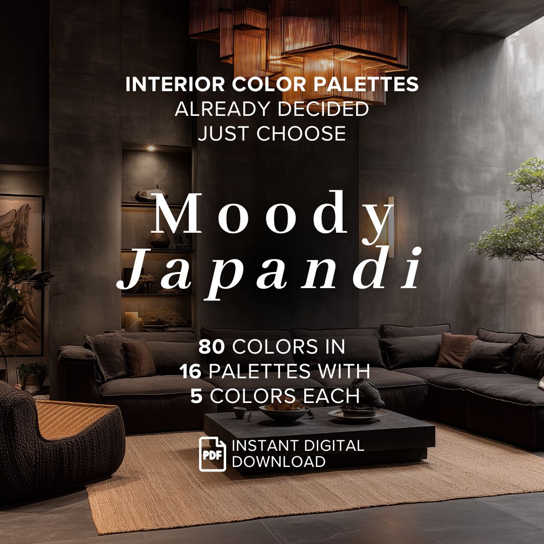 Promotional graphic for a digital interior color palette set titled 'Moody Japandi'. The image shows a modern living room mockup with dark gray sofas, a black coffee table, and a beige rug, with text overlays explaining that it contains 80 colors in 16 palettes with 5 colors each, available as an instant digital download.